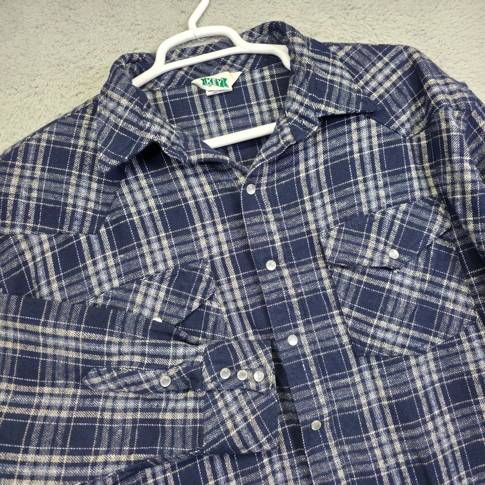 Vintage Key‎ Shirt Mens 3XL Blue Pearl Snap Flannel Plaid Heavyduty Western Work